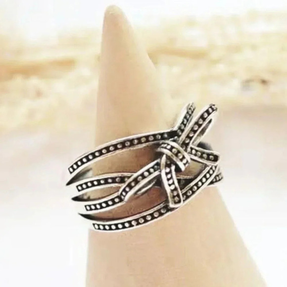 925 Sterling Silver Vintage Bow Ring Thick Chunky Silver Knot Ring - Picture 2 of 5
